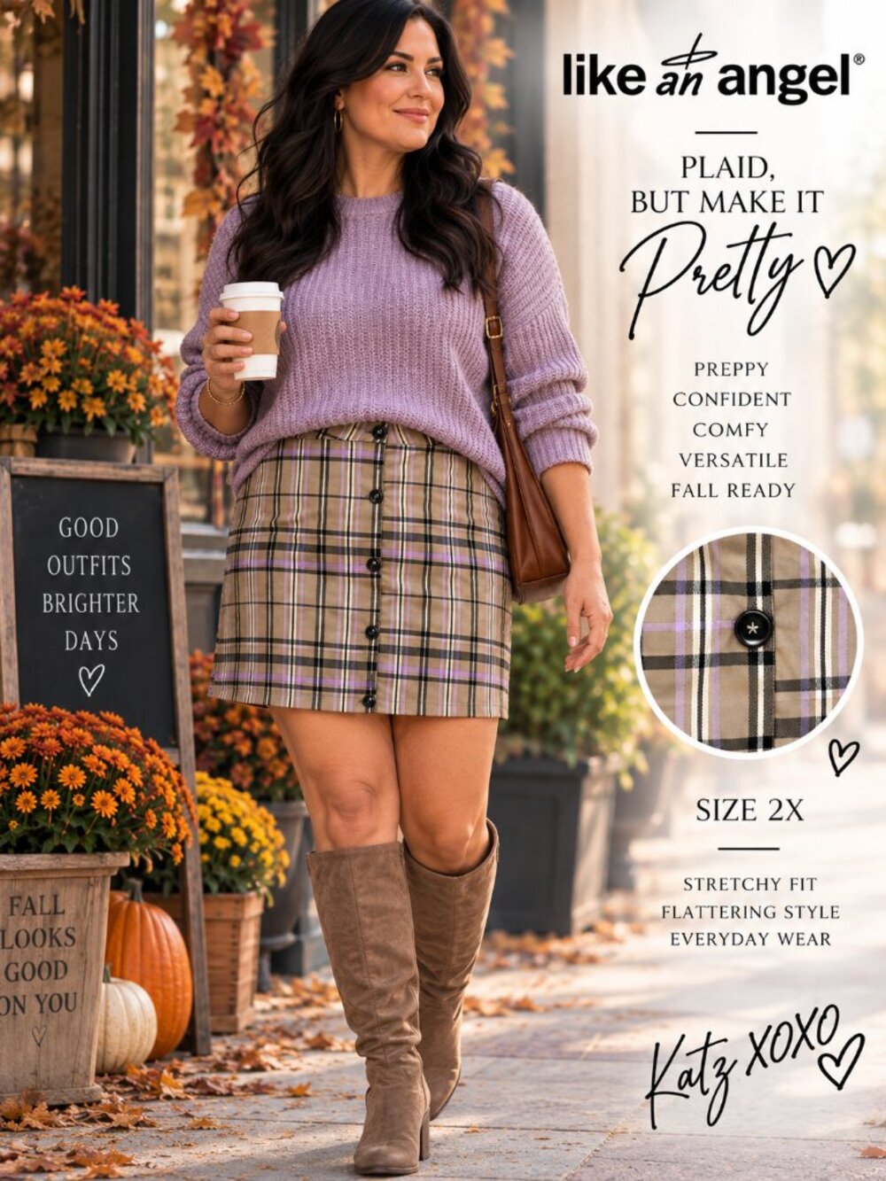 Tan Plaid Stretch Mini Skirt 2X Khaki Lavender Button Front Preppy Fall Academia